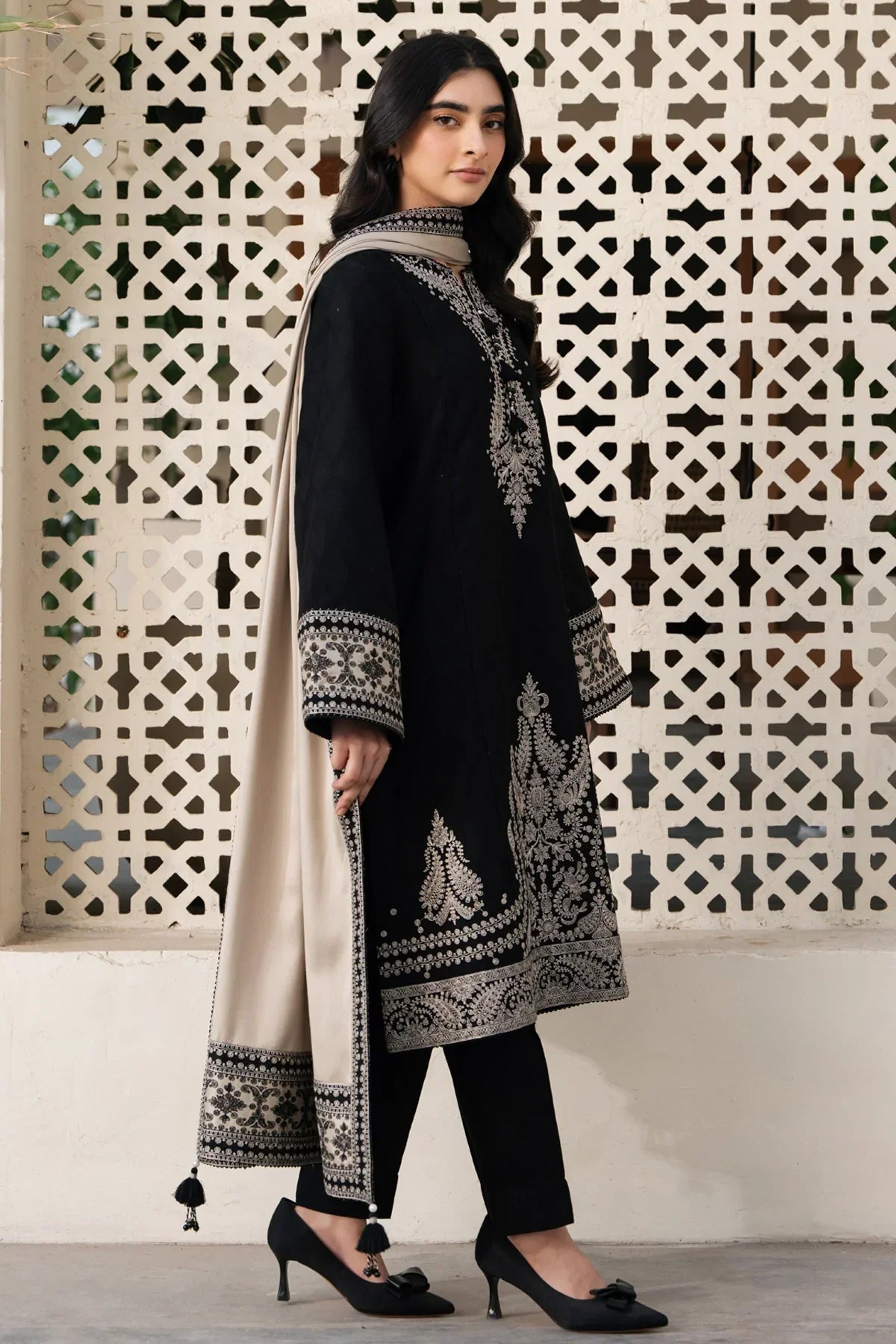 JAZMIN 42- 3PC DHANAK EMBROIDERED SHIRT WITH DHANAK EMBROIDERED SHAWL AS-42