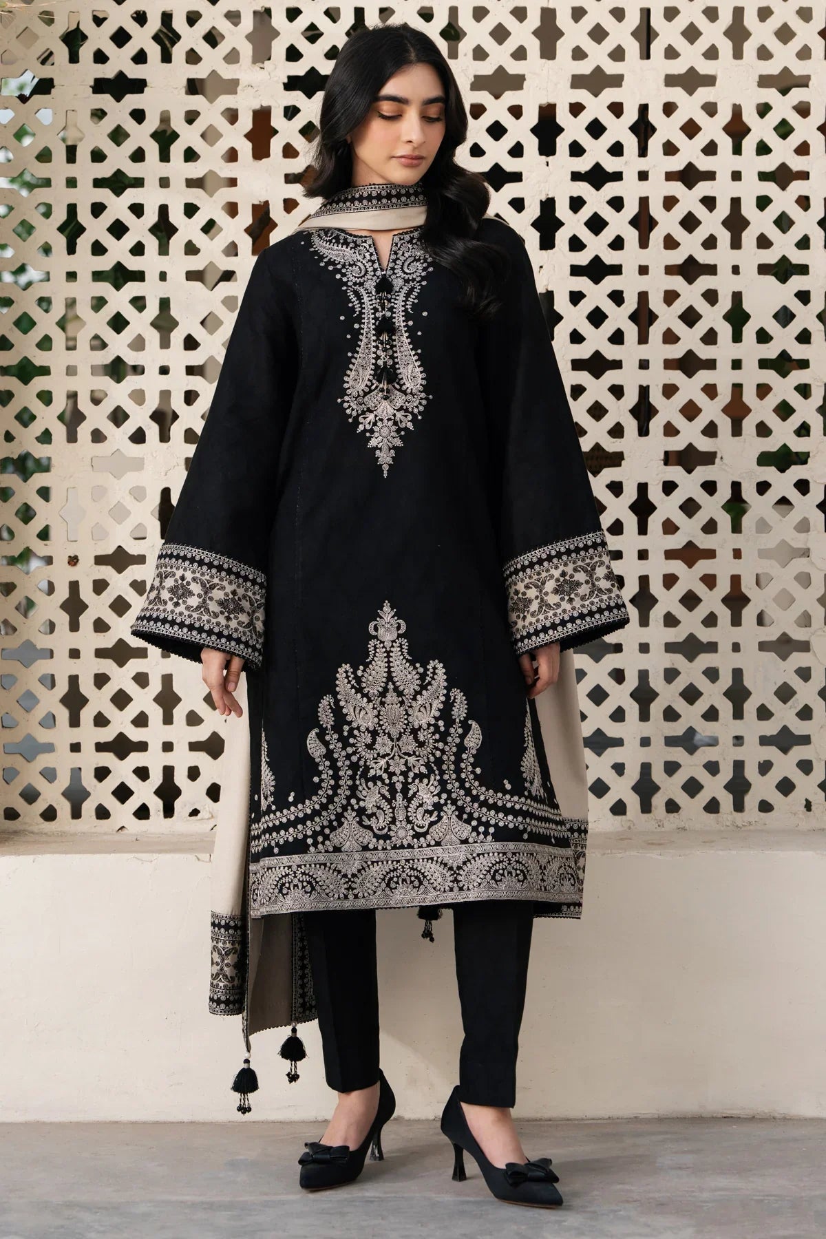 JAZMIN 42- 3PC DHANAK EMBROIDERED SHIRT WITH DHANAK EMBROIDERED SHAWL AS-42