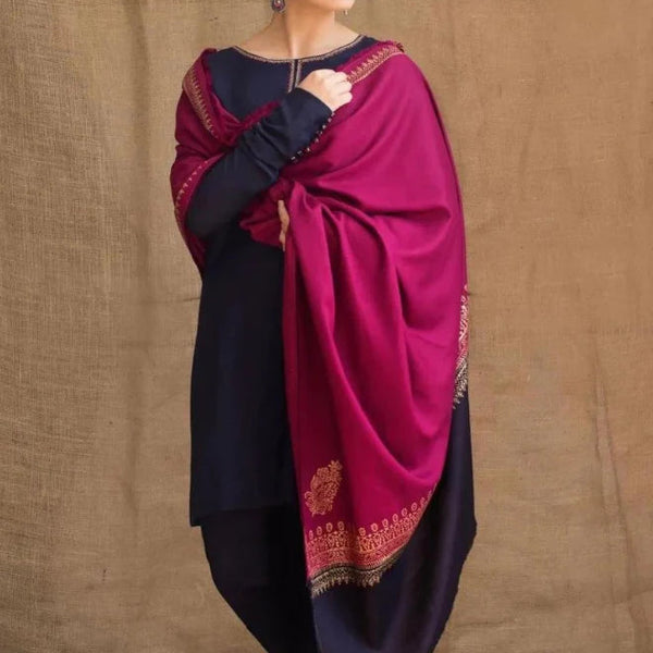 3 Piece Unstitched Heavy Embroidered Dhanak Suit With Digital Printed Woolen Shawl