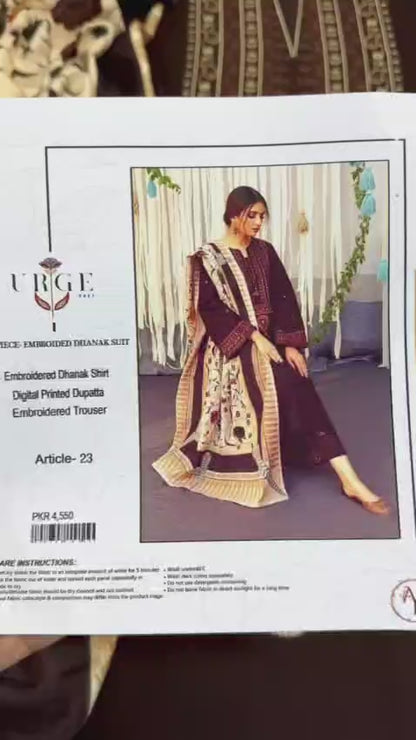 URGE -  – Luxury Embroidered 3-Piece in DHANAK UNSTICED