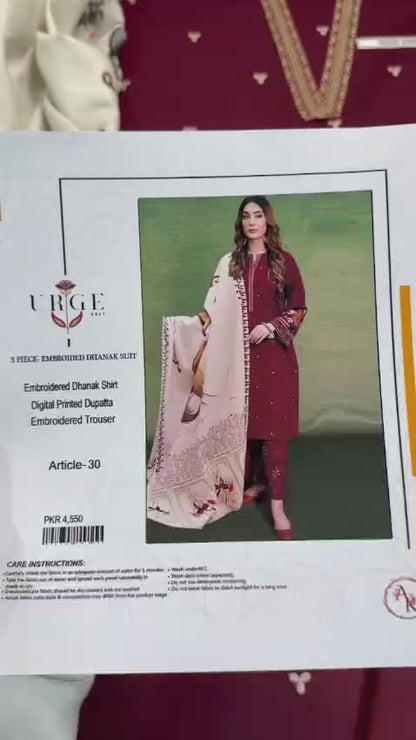 URGE -  – Luxury Embroidered 3-Piece in DHANAK UNSTICED