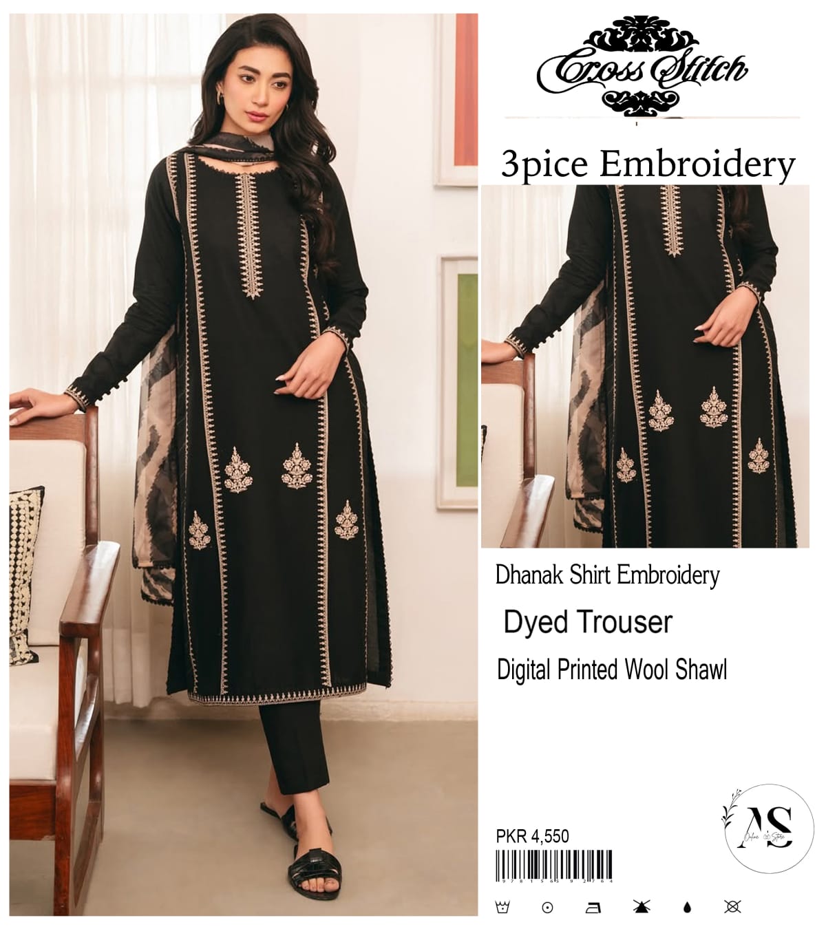 CROSS STITCH– Luxury Embroidered 3-Piece in DHANAK UNSTICED