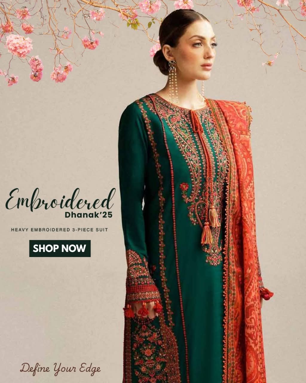 HUSSAIN REHAR EMBROIDERED DHANAK UNSTICED 3 PIECE. AS-41